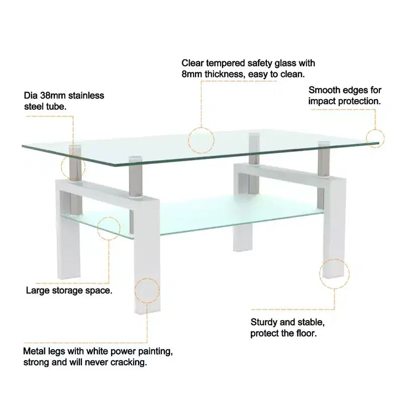 Table basse Henri rectangulaire en verre trempé et fer forgé avec étagère