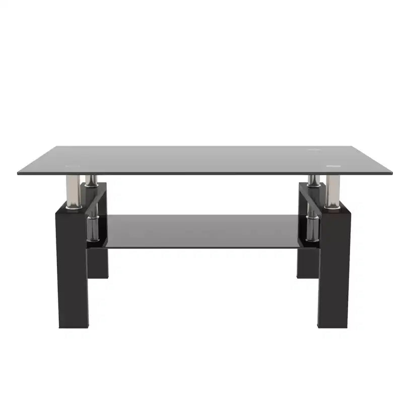 Table basse Henri rectangulaire en verre trempé et fer forgé avec étagère