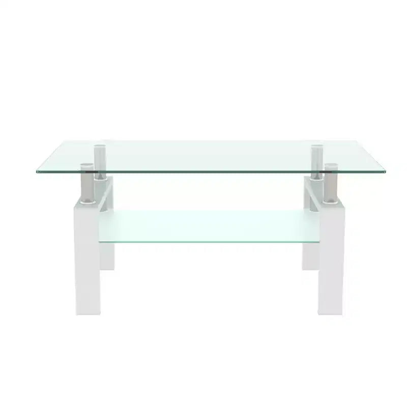 Table basse Henri rectangulaire en verre trempé et fer forgé avec étagère