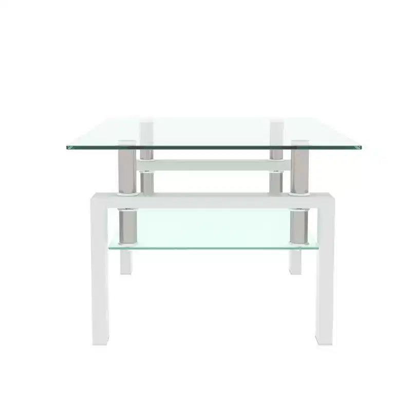 Table basse Henri rectangulaire en verre trempé et fer forgé avec étagère