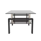 Table basse Henri rectangulaire en verre trempé et fer forgé avec étagère