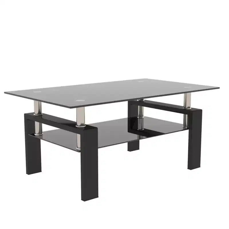 Table basse Henri rectangulaire en verre trempé et fer forgé avec étagère