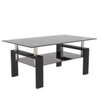 Table basse Henri rectangulaire en verre trempé et fer forgé avec étagère