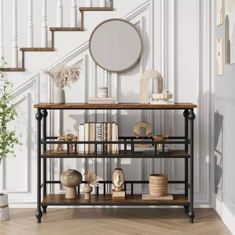 Table console d'entrée de ferme de 43 pouces avec 3 niveaux de rangement ouverts, table de canapé étroite pour couloir ou salon