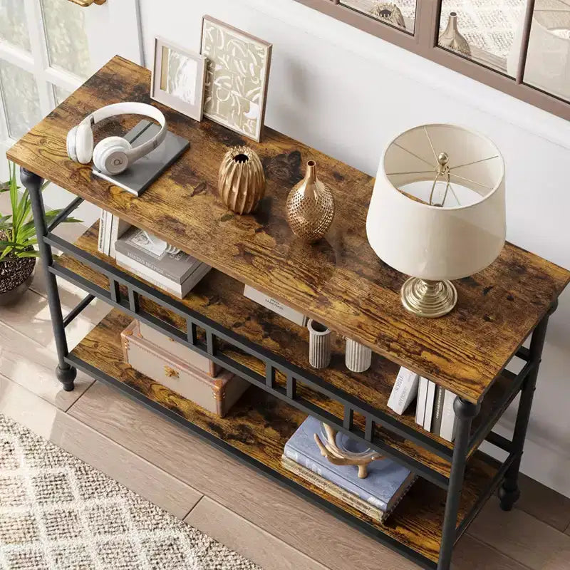 Table console d'entrée de ferme de 43 pouces avec 3 niveaux de rangement ouverts, table de canapé étroite pour couloir ou salon