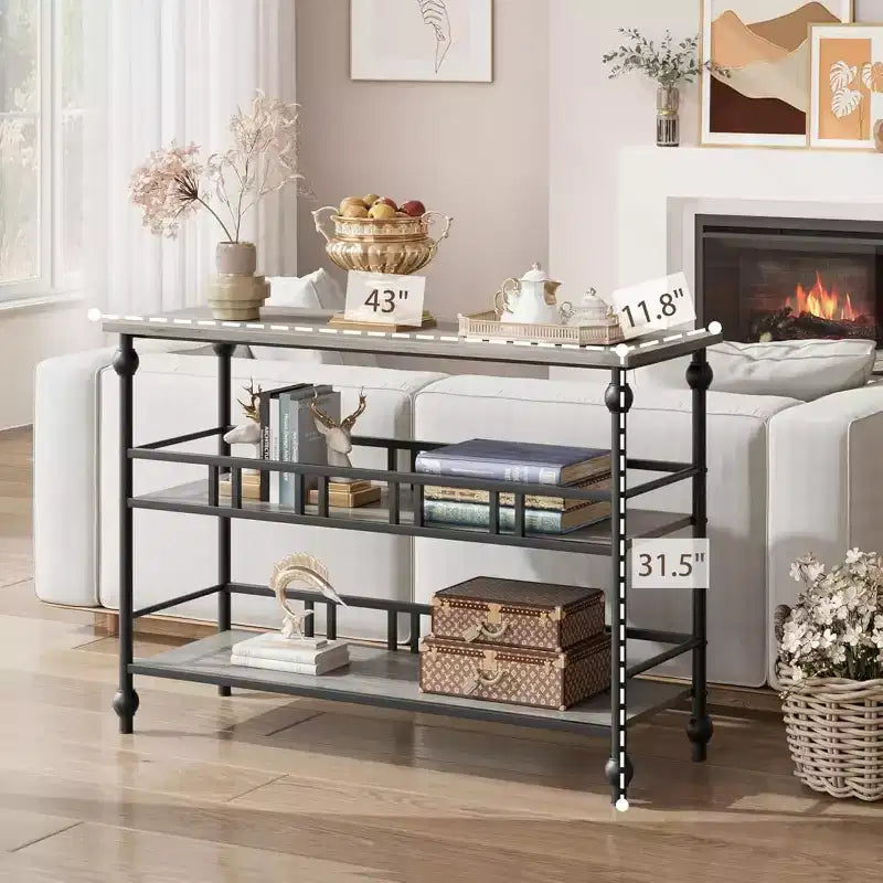 Table console d'entrée de ferme de 43 pouces avec 3 niveaux de rangement ouverts, table de canapé étroite pour couloir ou salon