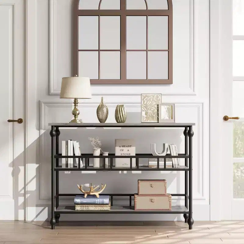 Table console d'entrée de ferme de 43 pouces avec 3 niveaux de rangement ouverts, table de canapé étroite pour couloir ou salon