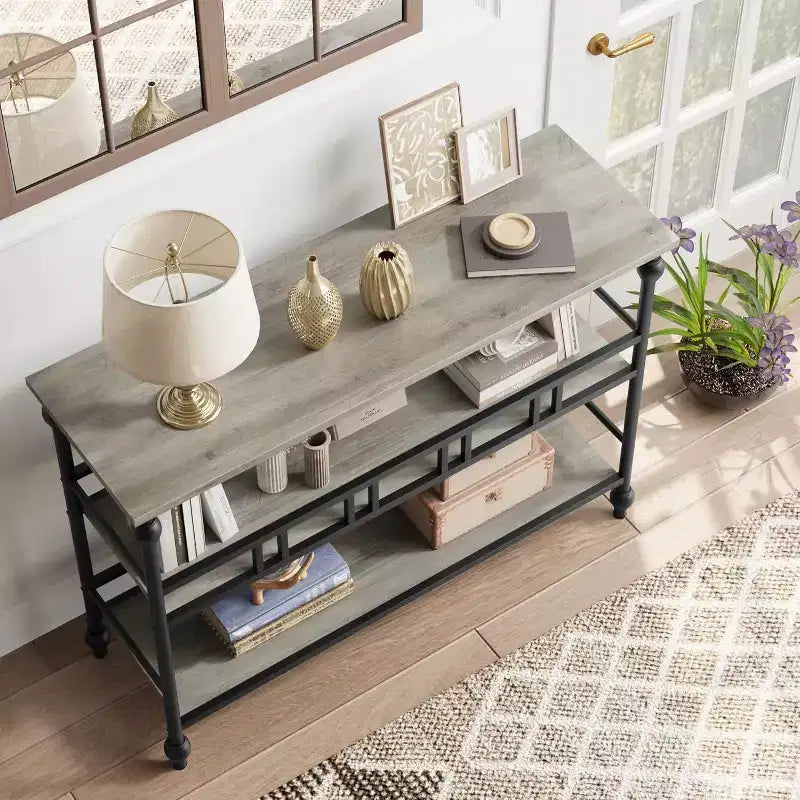 Table console d'entrée de ferme de 43 pouces avec 3 niveaux de rangement ouverts, table de canapé étroite pour couloir ou salon