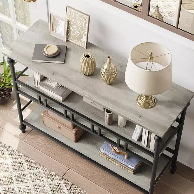 Table console d'entrée de ferme de 43 pouces avec 3 niveaux de rangement ouverts, table de canapé étroite pour couloir ou salon