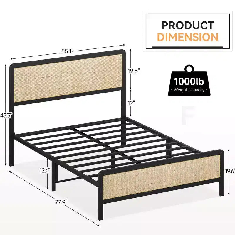 Full/Queen Rattan Platform Bed, Bed Frame with Natural Rattan Headboard and Footboard, Metal Bed Frame with Under Bed Storage