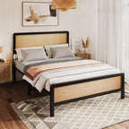 Lit plateforme en rotin pour grand lit/lit queen, cadre de lit avec tête et pied de lit en rotin naturel, cadre de lit en métal avec rangement sous le lit
