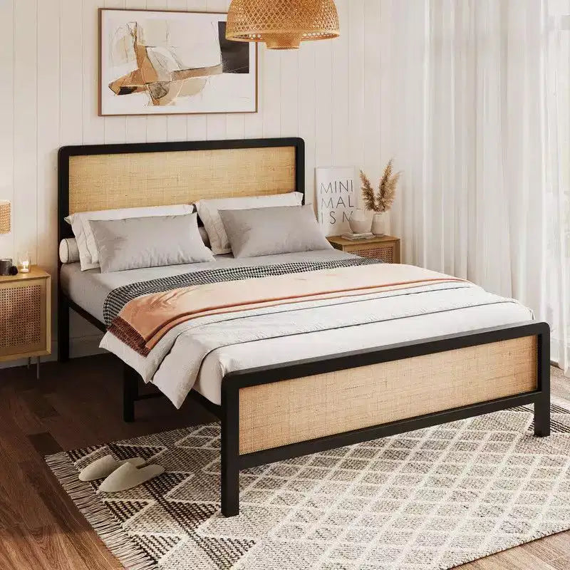 Full/Queen Rattan Platform Bed, Bed Frame with Natural Rattan Headboard and Footboard, Metal Bed Frame with Under Bed Storage