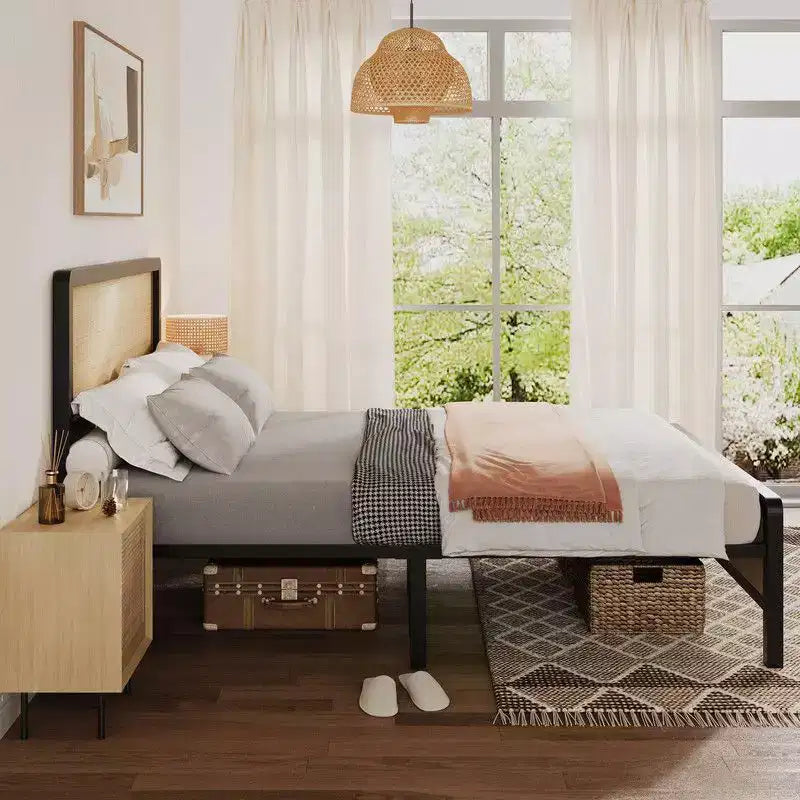 Full/Queen Rattan Platform Bed, Bed Frame with Natural Rattan Headboard and Footboard, Metal Bed Frame with Under Bed Storage