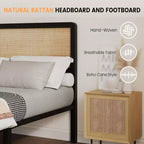Lit plateforme en rotin pour grand lit/lit queen, cadre de lit avec tête et pied de lit en rotin naturel, cadre de lit en métal avec rangement sous le lit
