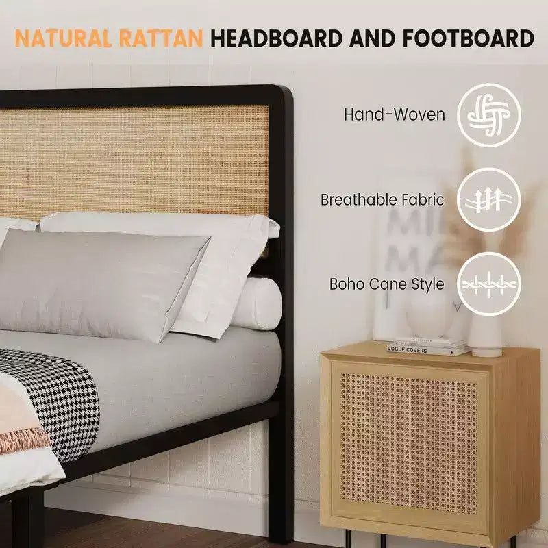 Full/Queen Rattan Platform Bed, Bed Frame with Natural Rattan Headboard and Footboard, Metal Bed Frame with Under Bed Storage
