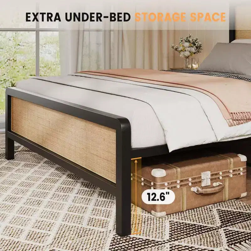 Lit plateforme en rotin pour grand lit/lit queen, cadre de lit avec tête et pied de lit en rotin naturel, cadre de lit en métal avec rangement sous le lit