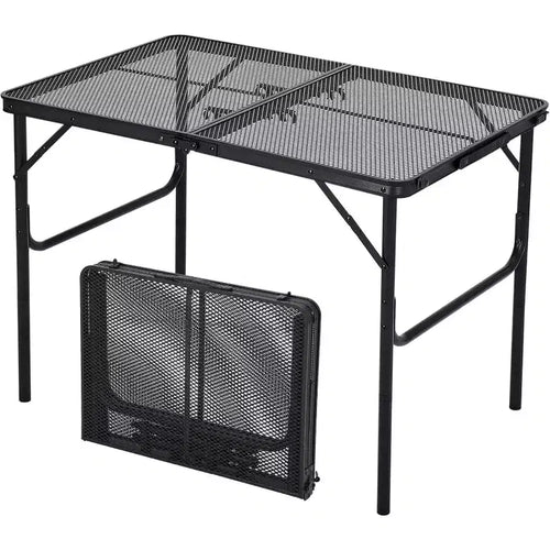 Table de grillade pliable 91x61cm avec plateau en maille, table de camping portable en métal à hauteur réglable pour barbecue, pique-nique, cuisine en extérieur, noire