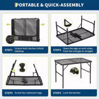 3x2FT Folding Grill Table with Mesh Top, Adjustable Height Portable Metal Camping Table for BBQ, Picnic, Outdoor Cooking, Black