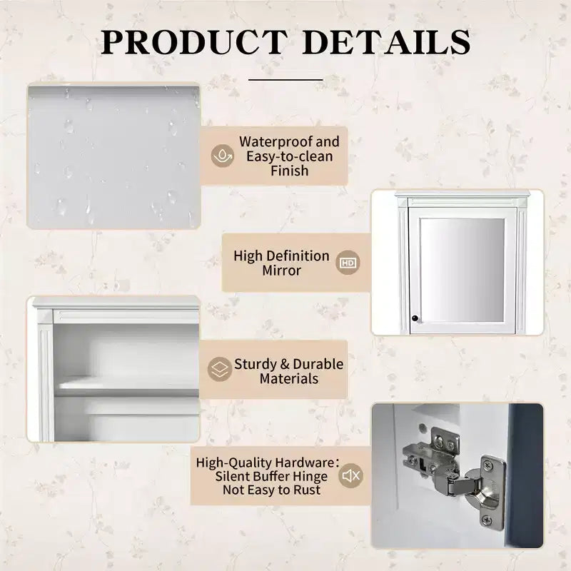 Armoire murale de salle de bain avec miroir, armoire à pharmacie avec étagère réglable en hauteur, blanc