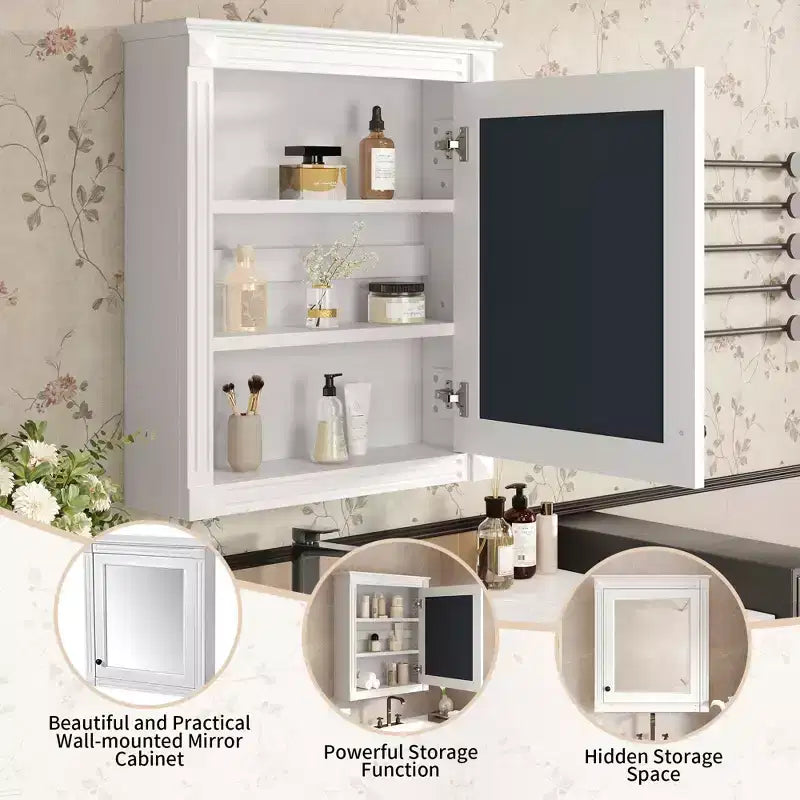 Armoire murale de salle de bain avec miroir, armoire à pharmacie avec étagère réglable en hauteur, blanc