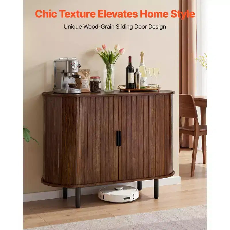 Coffee Bar Cabinet, Mid Century Fluted Coffee Bar Table, Buffet Stand Cabinet with 2 Sliding Doors, Sideboard Buffet Station, Walnut