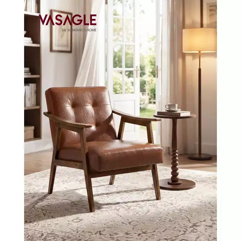 Fauteuil d'appoint, Fauteuil en cuir PU, Fauteuil de salon capitonné, Coussin épais, Siège de salon de style Mid-Century Modern