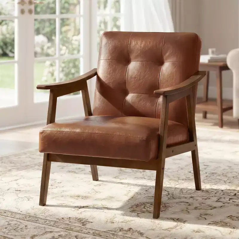 Accent Chair, PU Leather Armchair, Button Tufted Living Room Chair, Thick Cushion, Mid Century Modern Lounge Seating