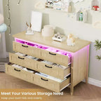 6-Drawer Dresser with Light & Charging Station, Modern Wide Chest of Drawers, Wood Storage Organizer Cabinet for Bedroom and Living Room