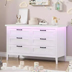 6-Drawer Dresser with Light & Charging Station, Modern Wide Chest of Drawers, Wood Storage Organizer Cabinet for Bedroom and Living Room