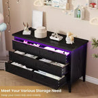 6-Drawer Dresser with Light & Charging Station, Modern Wide Chest of Drawers, Wood Storage Organizer Cabinet for Bedroom and Living Room