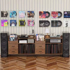 Meuble de tourne-disque à plateau relevable avec rangement, étagère pour platine vinyle et tiroirs, console audio média robuste en bois et métal