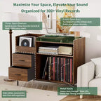 Meuble de tourne-disque à plateau relevable avec rangement, étagère pour platine vinyle et tiroirs, console audio média robuste en bois et métal