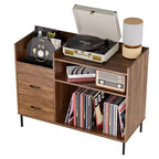 Meuble de tourne-disque à plateau relevable avec rangement, étagère pour platine vinyle et tiroirs, console audio média robuste en bois et métal