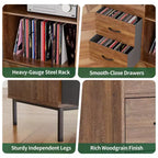 Meuble de tourne-disque à plateau relevable avec rangement, étagère pour platine vinyle et tiroirs, console audio média robuste en bois et métal