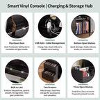 Meuble de tourne-disque à plateau relevable avec rangement, étagère pour platine vinyle et tiroirs, console audio média robuste en bois et métal