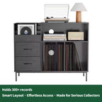 Meuble de tourne-disque à plateau relevable avec rangement, étagère pour platine vinyle et tiroirs, console audio média robuste en bois et métal