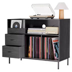 Flip-Top Record Player Stand with Storage, Turntable Shelf & Drawers Sturdy Wood & Metal Audio Media Console