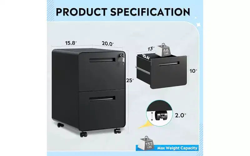 2-Drawer Rounded Corner Metal File Cabinet with Lock, Mobile Filing Cabinet Under Desk for Home Office, Black