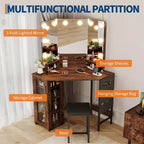 Coiffeuse d'angle moderne avec miroir éclairé et tabouret, coiffeuse peu encombrante avec station de charge et meuble de rangement pour chambre à coucher