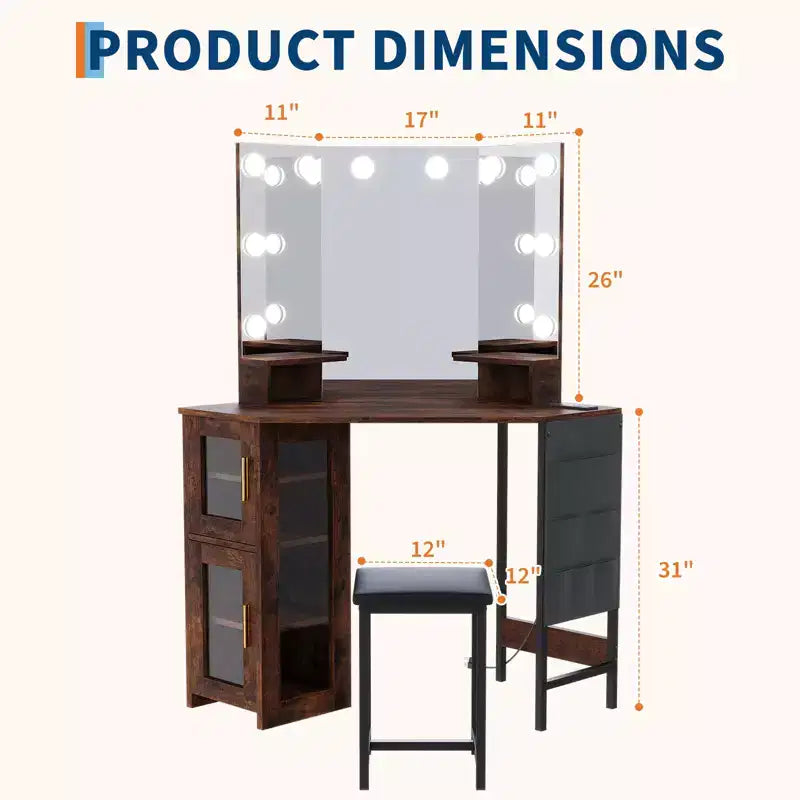 Modern Corner Makeup Vanity with Lighted Mirror & Stool, Space-Saving Vanity Desk with Charging Station and Storage Cabinet for Bedroom