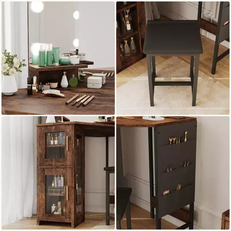 Modern Corner Makeup Vanity with Lighted Mirror & Stool, Space-Saving Vanity Desk with Charging Station and Storage Cabinet for Bedroom