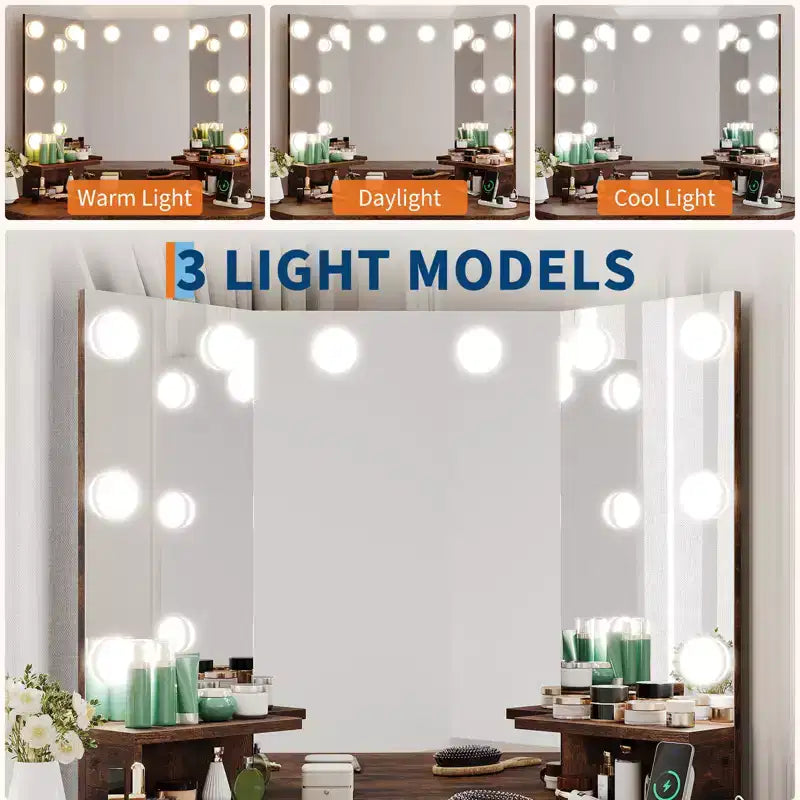Coiffeuse d'angle moderne avec miroir éclairé et tabouret, coiffeuse peu encombrante avec station de charge et meuble de rangement pour chambre à coucher
