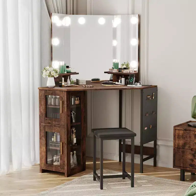 Coiffeuse d'angle moderne avec miroir éclairé et tabouret, coiffeuse peu encombrante avec station de charge et meuble de rangement pour chambre à coucher