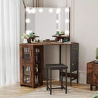 Coiffeuse d'angle moderne avec miroir éclairé et tabouret, coiffeuse peu encombrante avec station de charge et meuble de rangement pour chambre à coucher