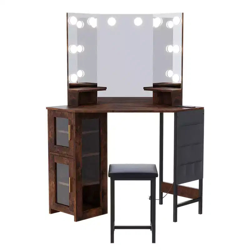 Coiffeuse d'angle moderne avec miroir éclairé et tabouret, coiffeuse peu encombrante avec station de charge et meuble de rangement pour chambre à coucher