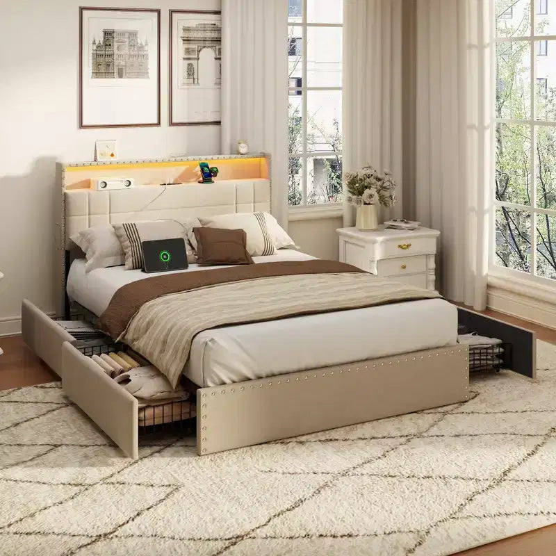 Modern Full Bed Frame with Charging Station 4 Storage Drawers LED Lights Beige Upholstered Platform Headboard Metal Slats No Box Spring USB