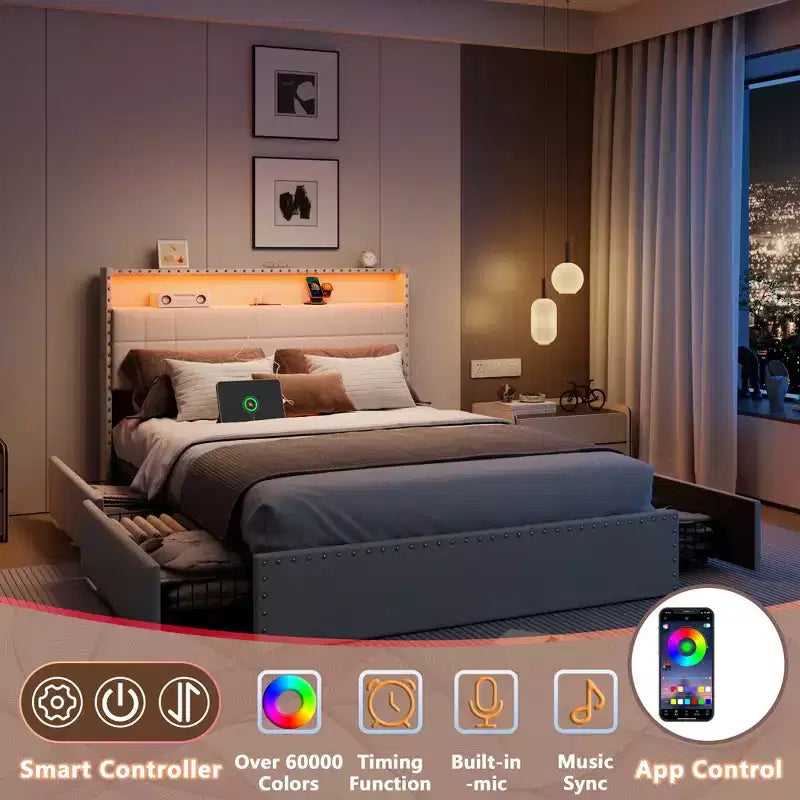 Modern Full Bed Frame with Charging Station 4 Storage Drawers LED Lights Beige Upholstered Platform Headboard Metal Slats No Box Spring USB