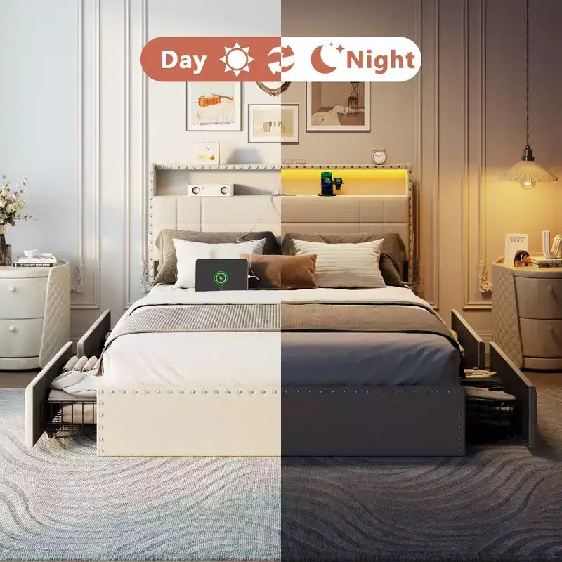 Modern Full Bed Frame with Charging Station 4 Storage Drawers LED Lights Beige Upholstered Platform Headboard Metal Slats No Box Spring USB