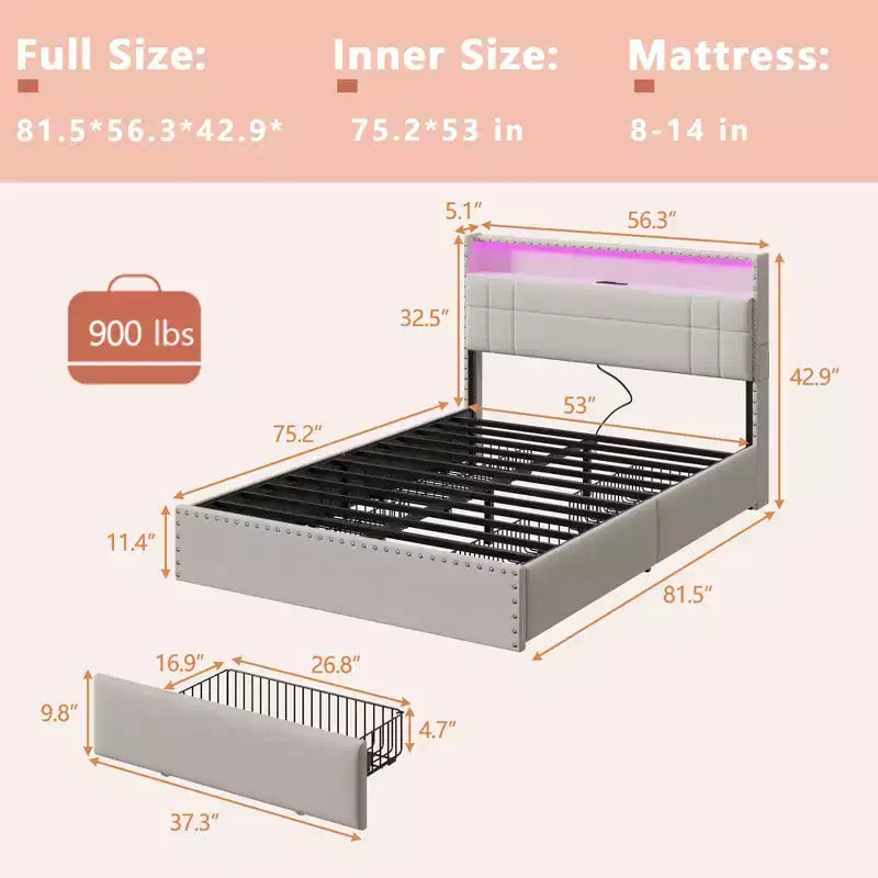 Modern Full Bed Frame with Charging Station 4 Storage Drawers LED Lights Beige Upholstered Platform Headboard Metal Slats No Box Spring USB