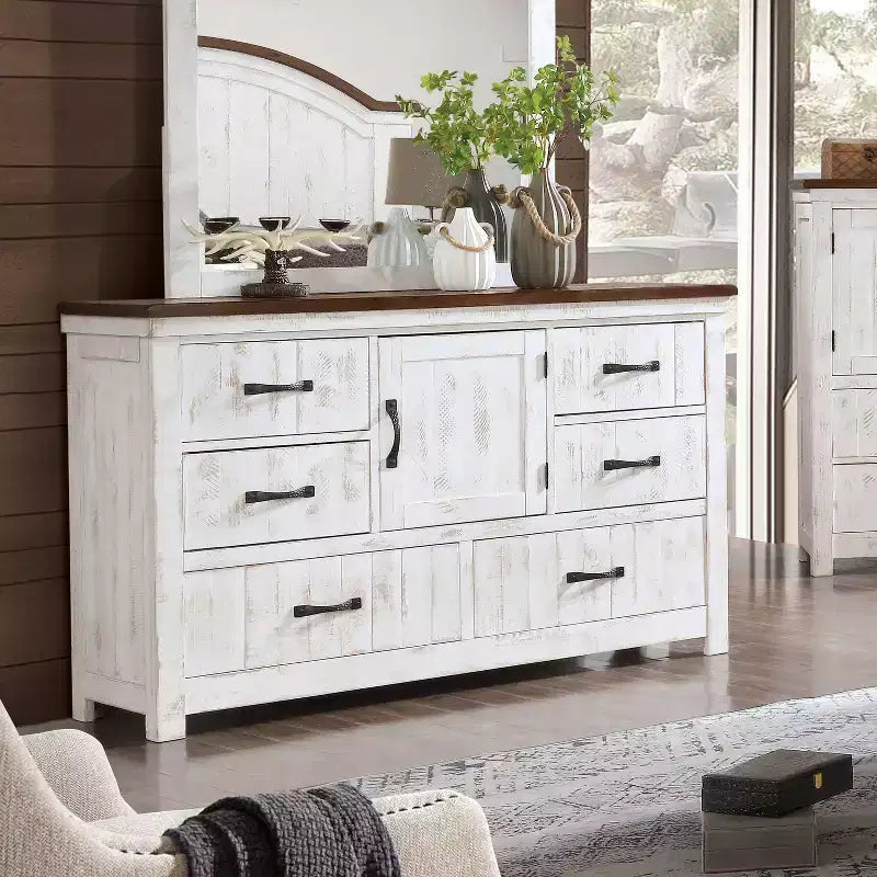 Willow Rustic 6 Drawer Dresser Distressed White/Walnut - HOMES: Inside + Out: Antique Style Storage Cabinet